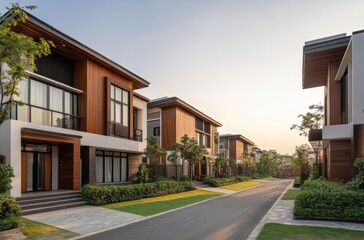 Obraz premium A modern residential area with stylish homes, clean streets, and green surroundings. Ideal for family living and peaceful lifestyles.