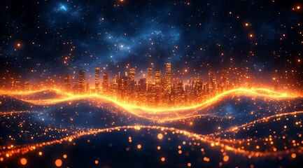Obraz premium Luminescent Cosmic Cityscape with Sparkling Orange and Blue Hues : Generative AI