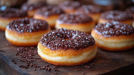 Delicious Chocolate Glazed Donuts with Sprinkles on a Wooden Plate