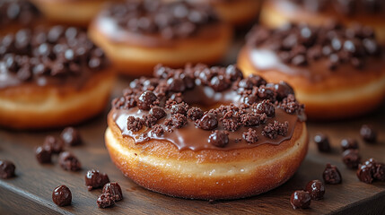 Delicious Chocolate Glazed Donuts with Sprinkles on a Wooden Plate