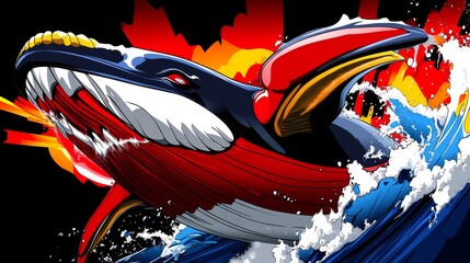 Red and Blue Whale Splashing in the Ocean