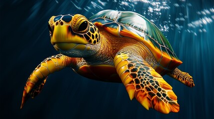 Sea Turtle Swimming Through Deep Blue Water