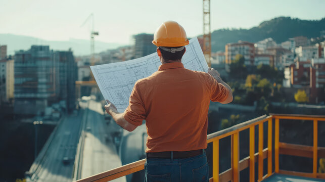A construction worker examines blueprints on a building site overlooking a cityscape. - Powered by Adobe