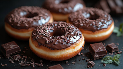 Delicious Chocolate Glazed Donuts with Sprinkles on a Wooden Plate
