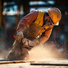 Construction Worker Using Grinder Disc Machine With Dust And Sparks