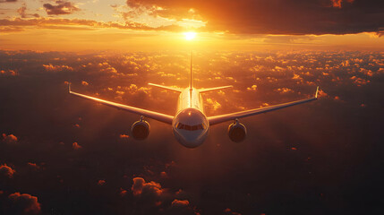 Airplane Flying Through Sunset Clouds - Realistic Image