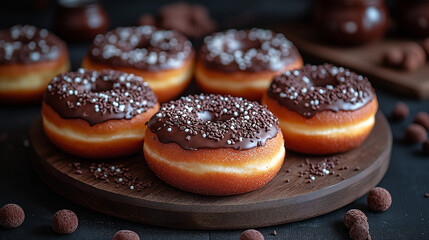 Delicious Chocolate Glazed Donuts with Sprinkles on a Wooden Plate