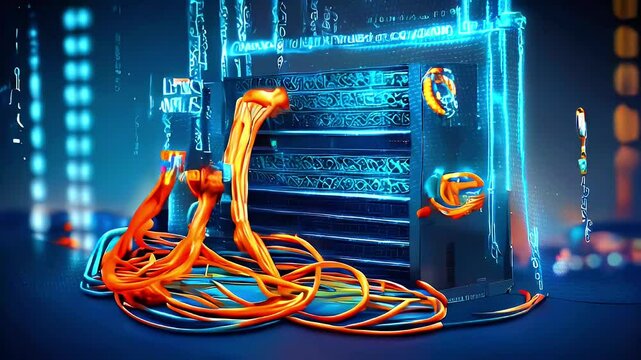 A server rack with a tangled mess of orange and blue cables in front of it. The background is a blue abstract design with the words "cyber aesthetics" "computer science" 
