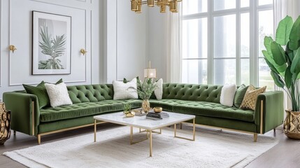 A contemporary living room with white walls, an olive green sectional, and gold lighting fixtures