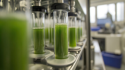 Laboratory setup with test tubes containing green liquid, likely for scientific research.