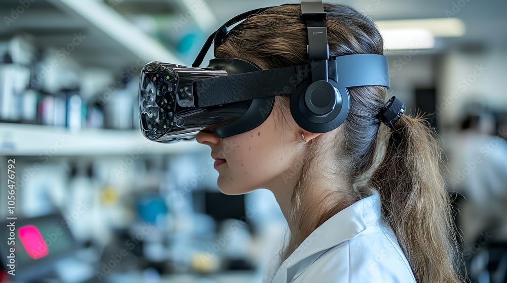 Poster a female scientist in a lab coat and vr headset experiences virtual reality in a lab.