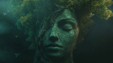 A surreal portrait of a woman with a green face and leaves.  A concept of nature, beauty, and the environment.