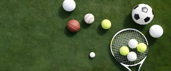 Sports equipment, artificial grass, background image, aerial view design of various sports equipment