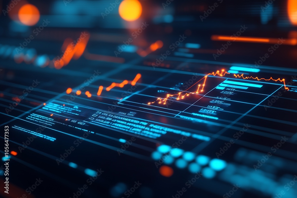 Aufkleber Dynamic Financial Graphs and Data Analysis on Digital Screens with Glowing Highlights : Generative AI