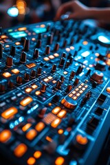 Close-up of a DJ Mixer with Illuminated Buttons and Knobs