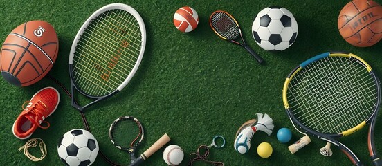 Sports equipment, artificial grass, background image, aerial view design of various sports equipment