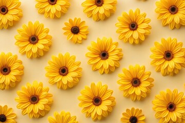 Obraz premium Bright yellow petals with dark centers forming a repeating geometric pattern on a light beige background, flower arrangement, nature-inspired, abstract art, geometric design