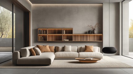 A contemporary space with soft grey walls, a beige fabric sofa, and a light grey accent wall behind built-in shelving