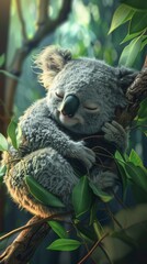 Fototapeta premium A cute koala peacefully sleeping on a tree branch, enveloped by vibrant green leaves in a tranquil forest environment.