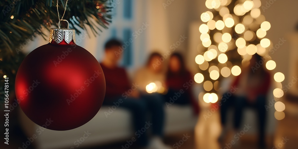 Poster red christmas ornament on tree with family gathering in warm festive setting : generative ai