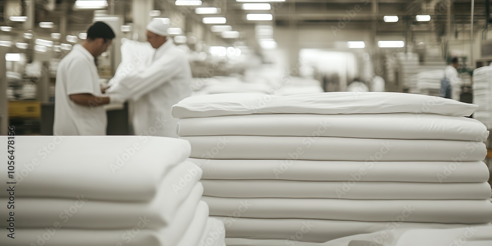 Poster industrial textile production line with workers in white factory setting : generative ai