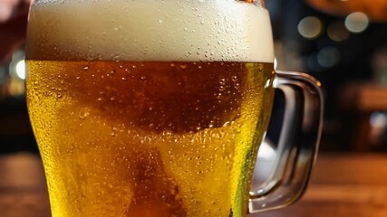 craft concept alcohol Copy glass table drinks pub beer pouring view bar space light Close-up taste barman's Oktoberfest Process party 4k filling drink lager glasses cold closeup beverage fresh froth 