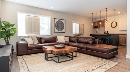 A cozy living room featuring light beige walls, a dark brown leather sectional, and a soft beige area rug