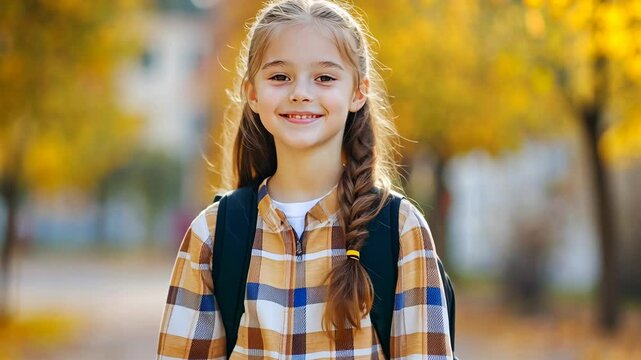 of pretty lovely glad schoolgirl wear stylish clothes walk go school Video