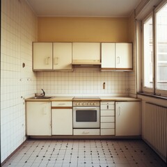 Fototapeta premium A retro kitchen featuring white cabinets, tiled walls, and a large window allowing natural light to fill the space.