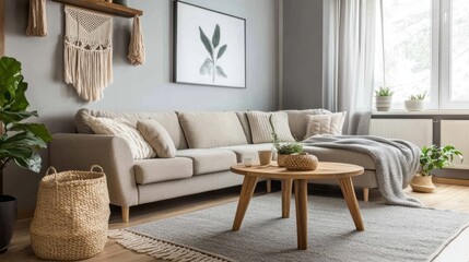 A cozy living room with grey walls and a beige sectional sofa, paired with a neutral-toned grey rug