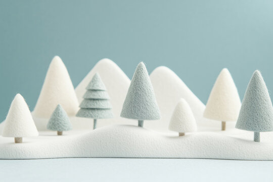 Paisagem natalina em miniatura com Papai Noel, renas e pinheiros cobertos de neve, estilo l&uacute;dico e colorido, criado por IA generativa.