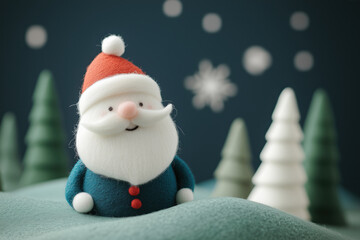 Paisagem natalina em miniatura com Papai Noel, renas e pinheiros cobertos de neve, estilo l&uacute;dico e colorido, criado por IA generativa.