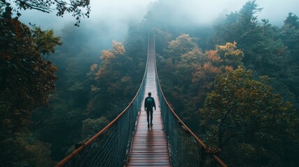 A lone hiker walks across a suspension bridge through a lush, misty jungle