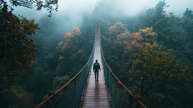 Fototapeta A lone hiker walks across a suspension bridge through a lush, misty jungle
