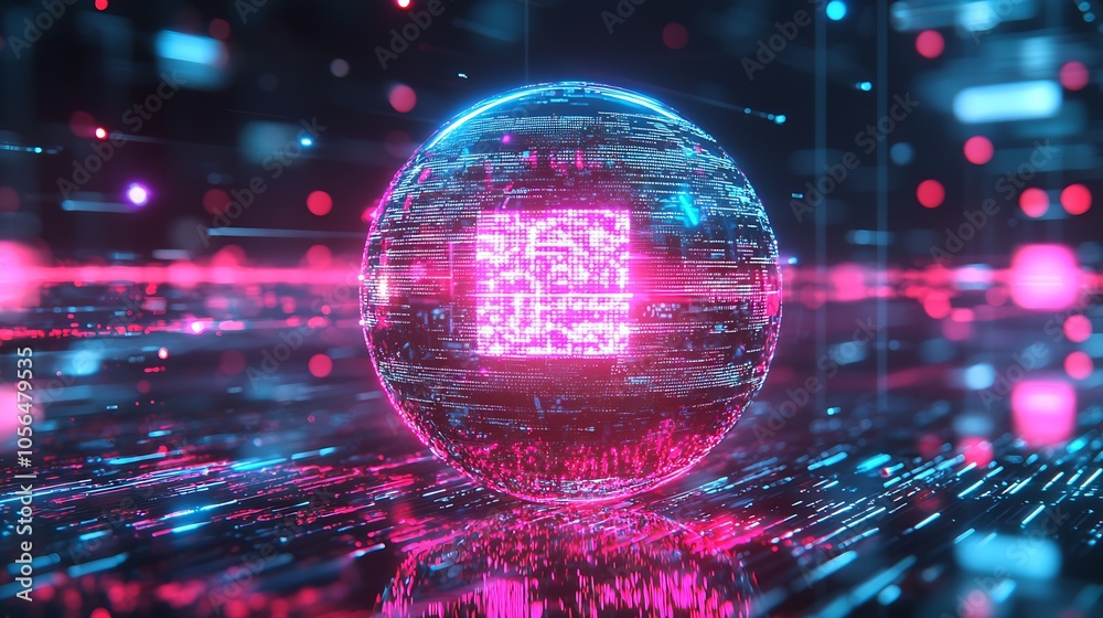 Poster Vibrant Neon Digital Sphere with Abstract Technology Patterns : Generative AI