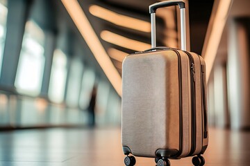 Sleek Taupe Suitcase in Bright Airport Corridor with Lights : Generative AI