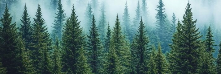 Fototapeta premium A serene forest landscape shrouded in mist, showcasing tall evergreen trees.