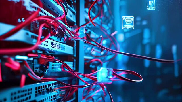 Server room with red cables and glowing blue icons representing data security, backup and cloud storage.