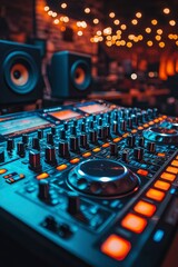 Fototapeta premium Close-up of a DJ Mixer with Illuminated Buttons and Knobs