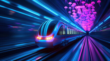 A futuristic train travels through a vibrant, illuminated tunnel with glowing jellyfish, creating a mesmerizing scene.