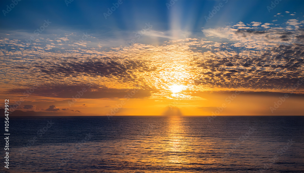 Poster a tranquil sunset over the ocean, with rays of sunlight piercing through colorful clouds, creating a