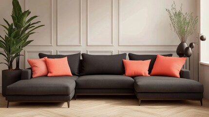 A dark gray sectional sofa with coral accent pillows and vases, light wood floors, and matte black metal decor for an elegant yet simple look