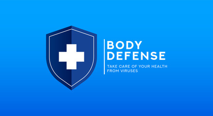 Obraz premium Body Defense. design concept of caring for health from disease. shield design elements and health symbols on blue background. Take care and protect your body from viruses. Health 