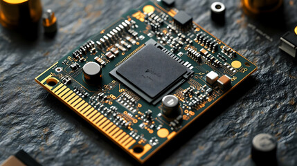 Circuit Board with Chip Close Up 3D Illustration