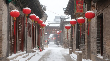The decoration of red lampions on the streets of Pingyao Ancient Town China.