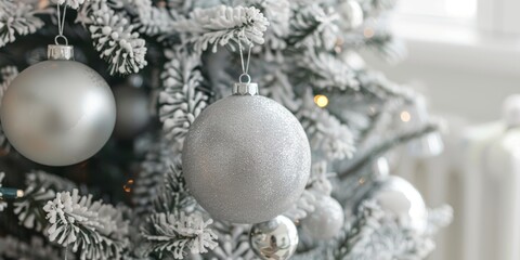A Christmas tree with a silver ornament hanging from it. The tree is decorated with many ornaments, including a silver ball. The scene is festive and joyful