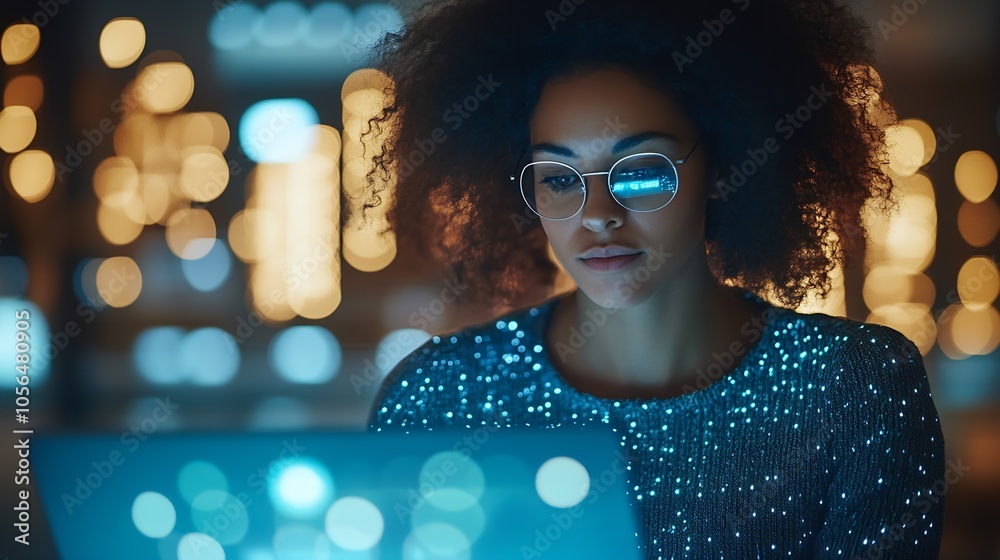 Poster Professional woman working late on laptop with ambient bokeh lights : Generative AI