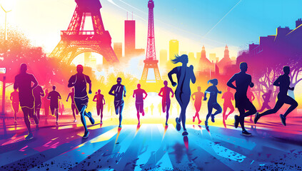 Silhouettes of people running in france