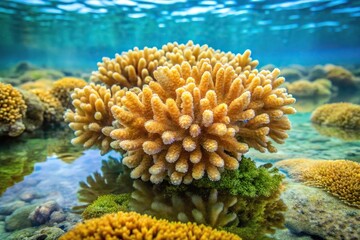 Obraz premium Coral formation on a rock surface with soft, slimy algae growing around it, marine life, marine ecosystem