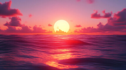 Pink Sunset Over Ocean Waves 3D Illustration